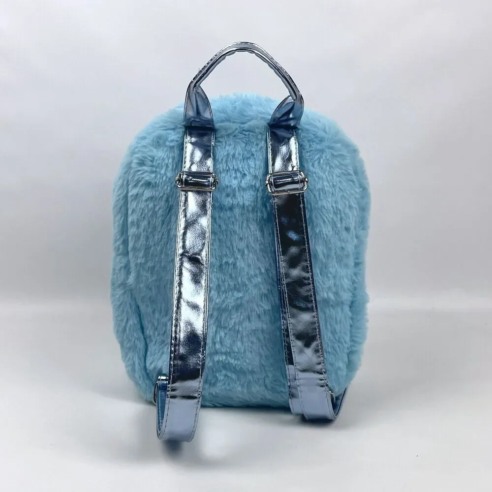 Disney Lilo & Stitch Faux Fur Mini Backpack Blue Fuzzy Sequin Bag EUC